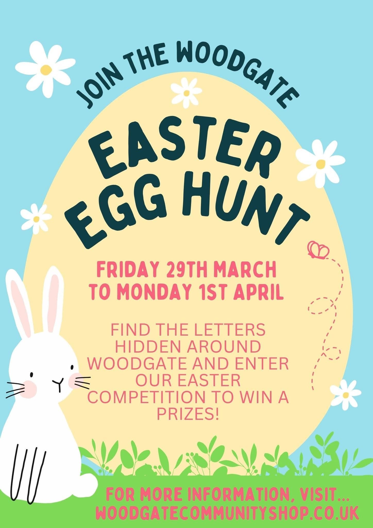 Woodgate Easter Egg Hunt poster with an illustrated egg and rabbit