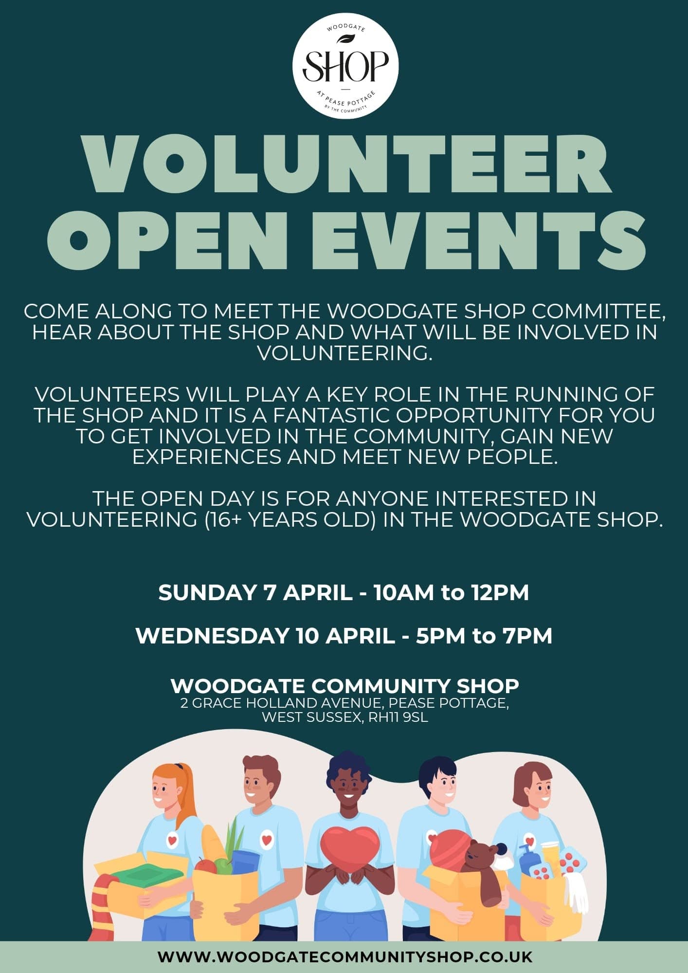 Volunteer open events poster for Woodgate Community Shop
