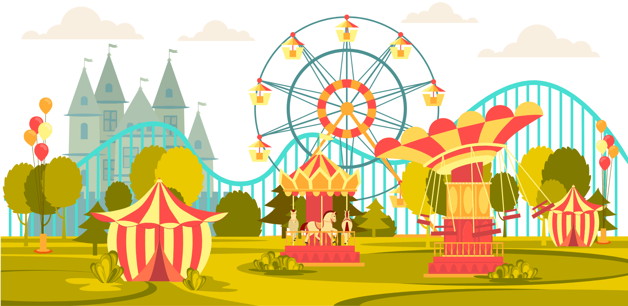 Illustrated summer fair scene with rides, tents, balloons and trees