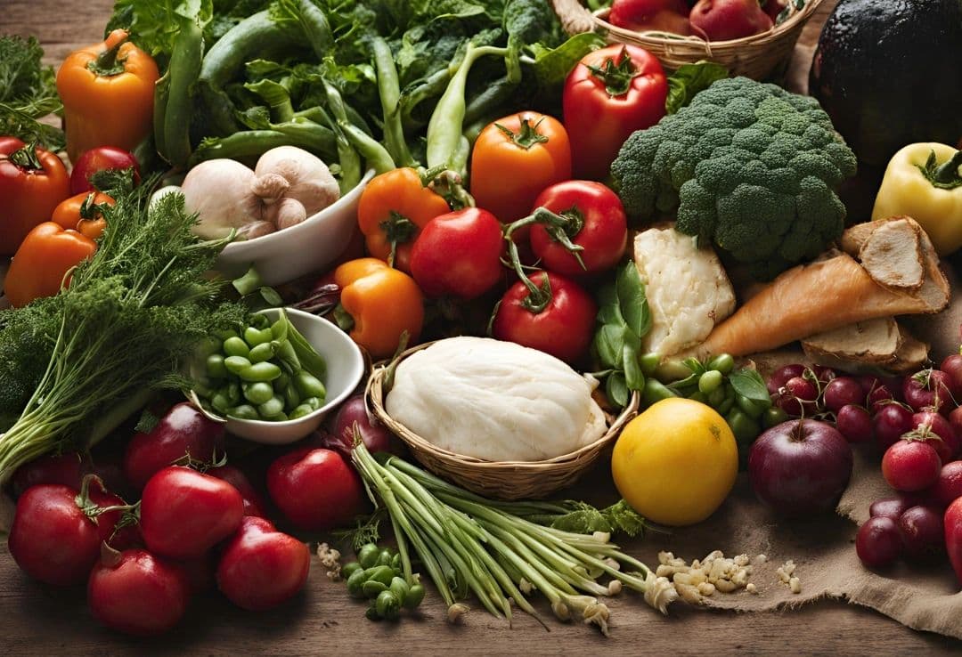 Fresh produce and local food arranged on a table